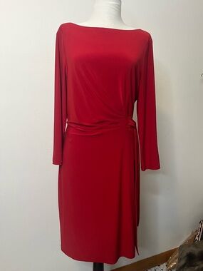 Chaps Red Boatneck Long-Sleeve Ruched Waist Dress